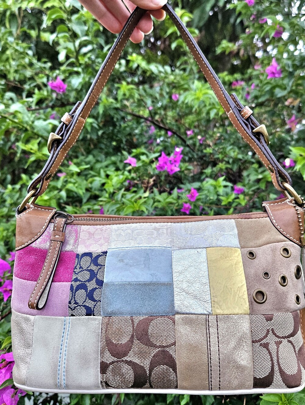 Vintage Coach 2190 Patchwork Demi Shoulder Bag Hangtag Suede Leather Canvas